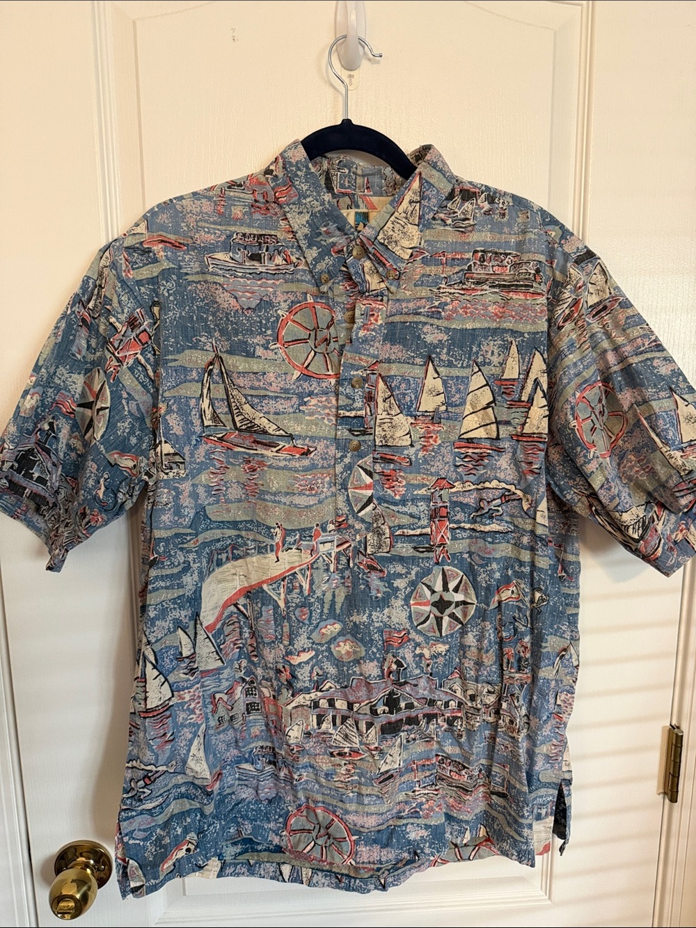 Kahala men’s Casual Blue Nautical Print Short-Sleeve Button-Down Hawaiian Shirt
